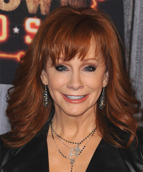 Reba McEntire Long Wavy Formal Hairstyle with Layered Bangs - Dark