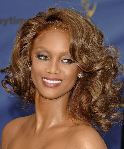 Tyra Banks Medium Curly Formal Bob Hairstyle - Caramel Hair Color