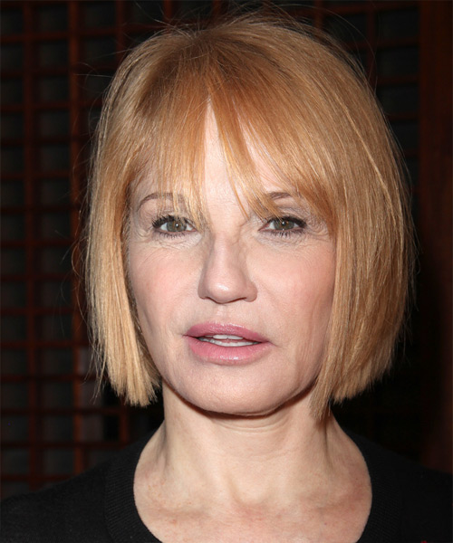 Ellen Barkin Short Straight Casual Bob Hairstyle With Layered Bangs Light Strawberry Blonde