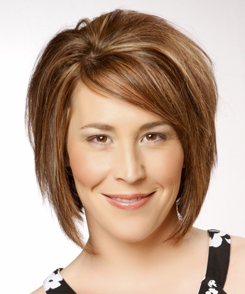 Medium Straight Formal Bob Hairstyle With Side Swept Bangs Copper Brunette Hair Color With Medium Straight Formal Bob Hairstyle With Side Swept Bangs Copper Brunette Hair Color With