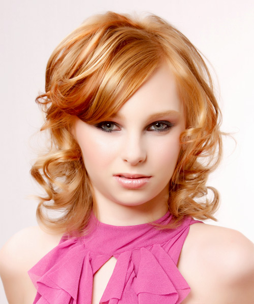 Medium Curly Formal Hairstyle With Side Swept Bangs Light Ginger Red Hair Color With Red
