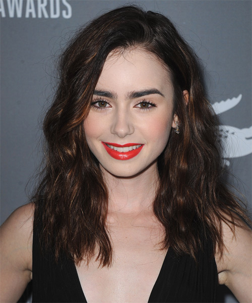 Lily Collins Long Wavy Casual Hairstyle - Dark Brunette Hair Color