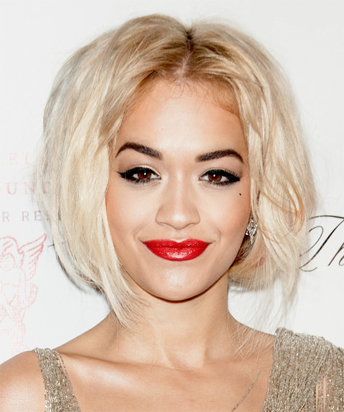 Rita Ora Short Straight Casual Layered Bob Hairstyle Light Platinum