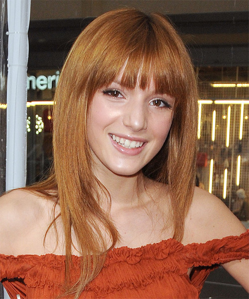 Bella Thorne Long Straight Casual Hairstyle With Blunt Cut Bangs Light Copper Red Hair Color