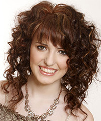 Medium Curly Dark Mocha Brunette Hairstyle With Asymmetrical Bangs And