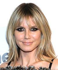 Heidi Klum Long Straight Caramel Blonde Hairstyle With Blunt Cut Bangs