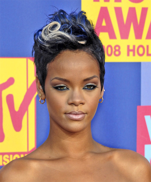 Rihanna Short Black Ash Hairstyle With Blue And Blonde Highlights