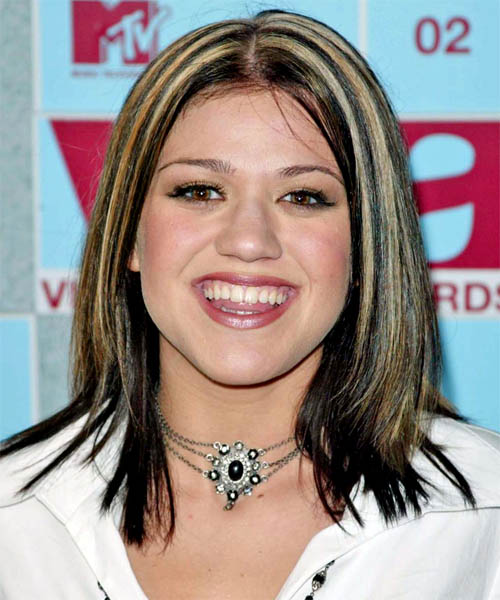 Kelly Clarkson Long Straight   Dark Brunette   Hairstyle   with  Blonde Highlights