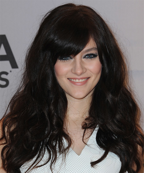 Aubrey Peeples Long Wavy   Black    with Side Swept Bangs