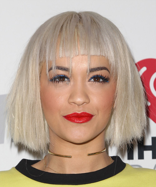 Rita Ora Medium Straight   Light Blonde Bob  Haircut with Blunt Cut Bangs