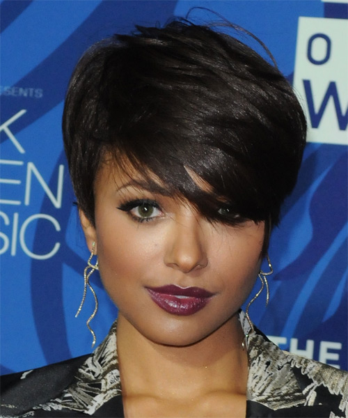 Kat Graham Short Straight   Dark Brunette   Hairstyle with Side Swept Bangs