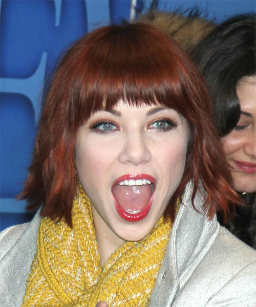 Carly Rae Jepsen  Medium Straight    Red   with Layered Bangs