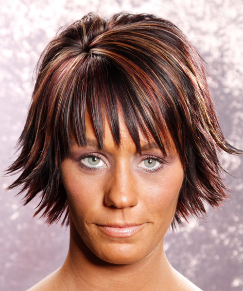 Medium Straight   Dark Plum Red   Hairstyle with Layered Bangs  and  Red Highlights