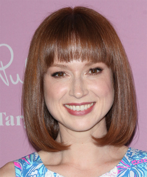 Ellie Kemper Medium Straight    Mahogany Brunette Bob  Haircut with Blunt Cut Bangs