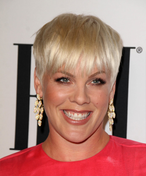 Pink   Layered  Light Golden Blonde Pixie  Haircut with Layered Bangs