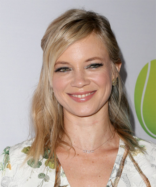 Amy Smart Medium Straight    Blonde  Half Up Half Down Hairstyle with Side Swept Bangs