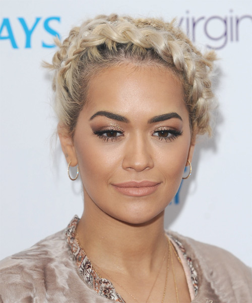 Rita Ora Long Curly   Light Honey Blonde Braided Updo