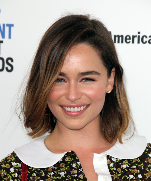 Emilia Clarke Medium Straight Dark Brunette Bob Haircut with Side Swept ...