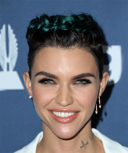 Ruby Rose Short Straight   Black  and Green Two-Tone Braided  Hairstyle