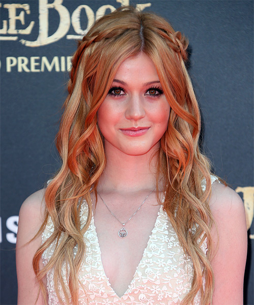 Katherine Mcnamara Long Wavy Light Copper Red Updo Hairstyle With Light