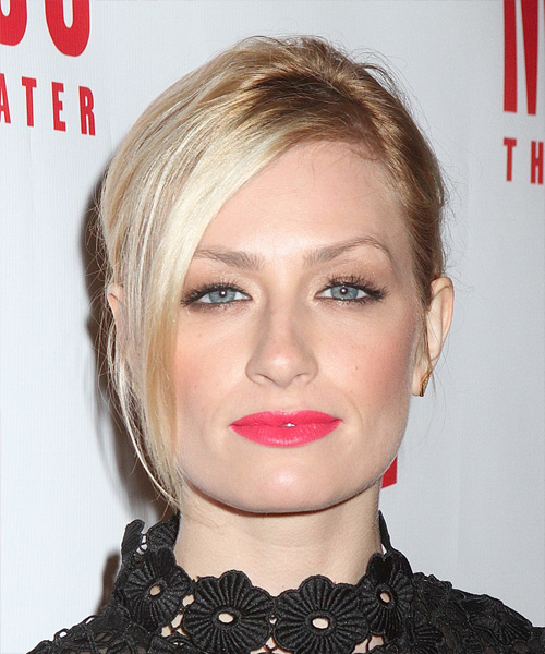 Beth Behrs Medium Straight   Light Platinum Blonde  Updo Hairstyle with Side Swept Bangs