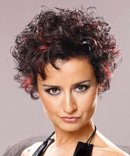 Short Dark Brunette Curls With Red Highlights