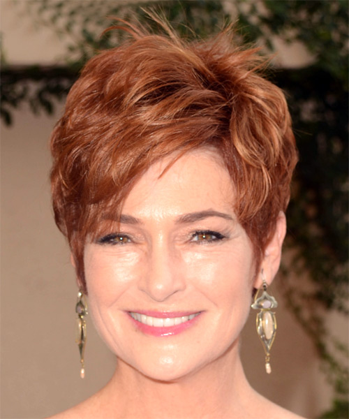 Carolyn Hennesy      Red Pixie  Haircut with Side Swept Bangs