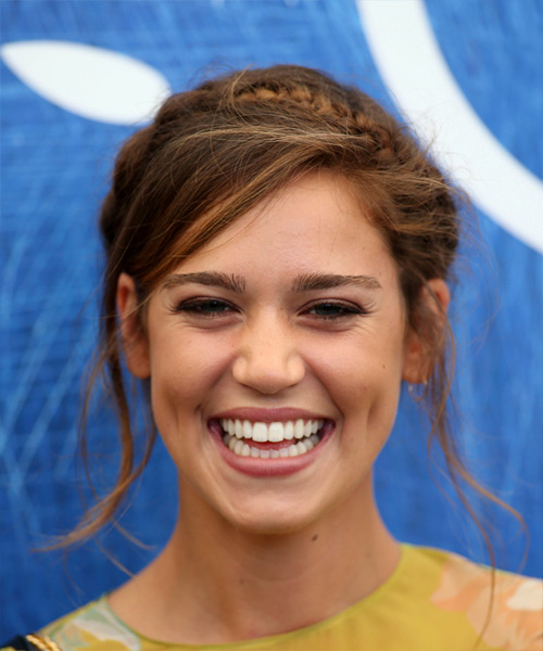 Matilda Lutz Long Straight    Brunette Braided Updo  with Side Swept Bangs 