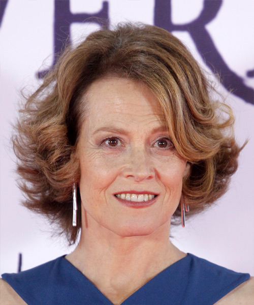 Sigourney Weaver Medium Wavy   Light Brunette Bob  with Side Swept Bangs