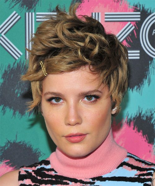 Halsey Light Golden Brunette Pixie Hairstyle with Side Swept Bangs