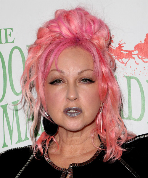 Cyndi Lauper wears a puff hairstyle with pink braids