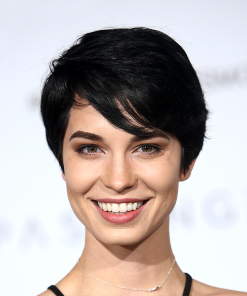 Pamela Horton Elegant Black Pixie Hair Cut with Side Swept Bangs