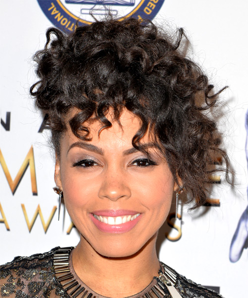 Amirah Vann Medium Curly Casual Afro Upswept do with Layered Bangs