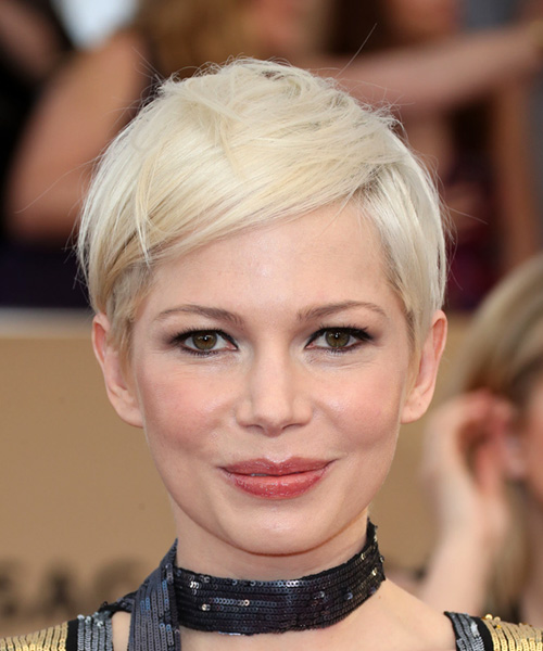 Michelle Williams Sleek Pixie Hair Cut with Side Swept Bangs