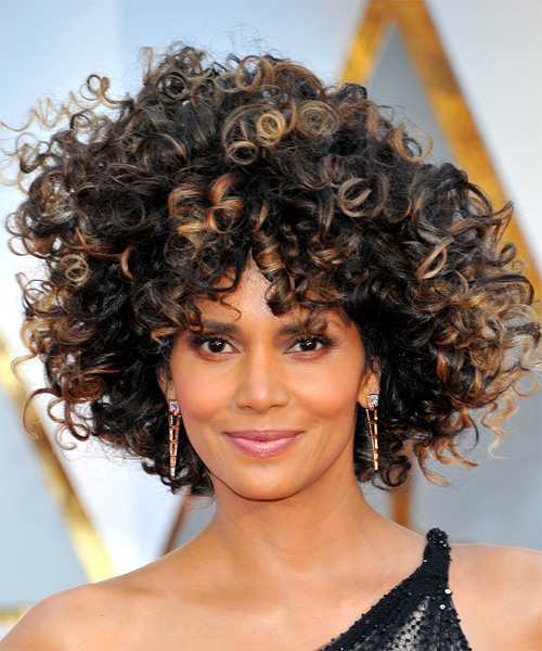 Halle Berry Medium Curly   Black  Afro  with Layered Bangs  and Dark Blonde Highlights