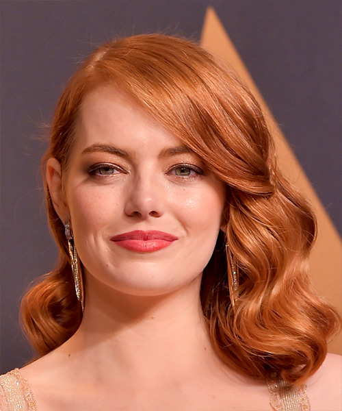 Emma Stone Medium Wavy Formal Bob Hairstyle - Copper Red Hair Color