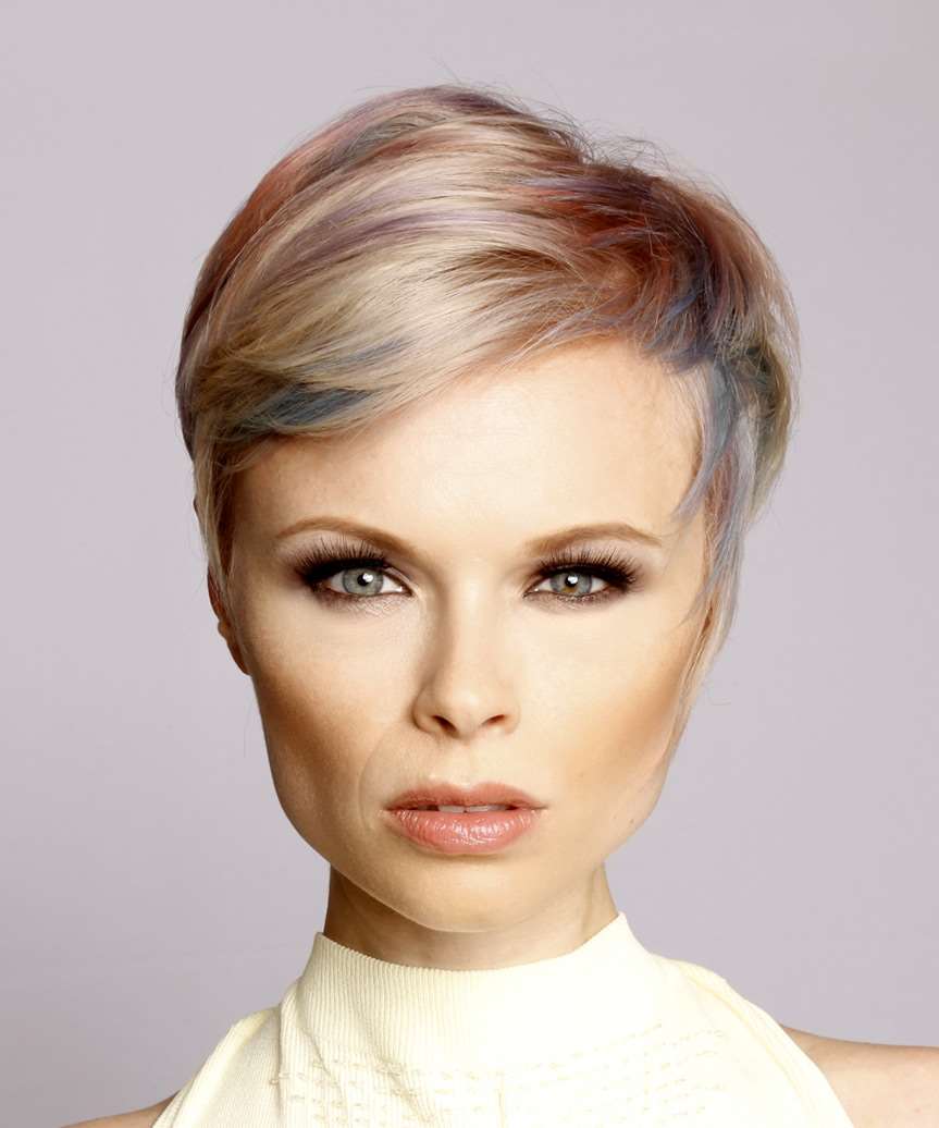 Straight Light Blonde Pixie Hairstyle with Side Swept Bangs