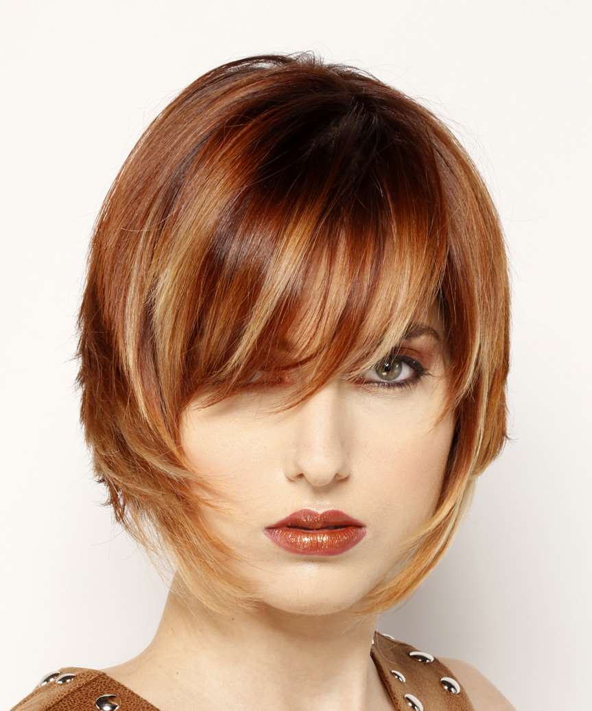 Short Straight Layered Dark Red Bob Haircut With Side Swept