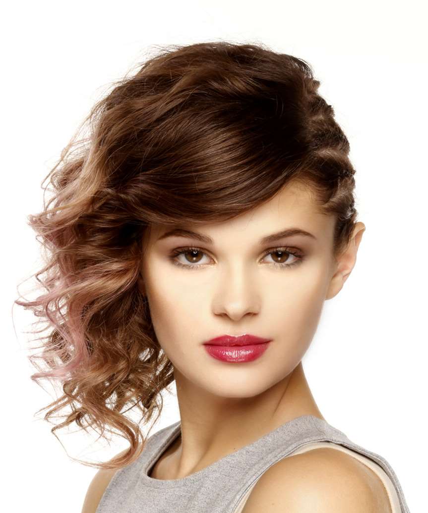 Medium Wavy Brunette Asymmetrical Faux Bob Updo with Side Swept Bangs