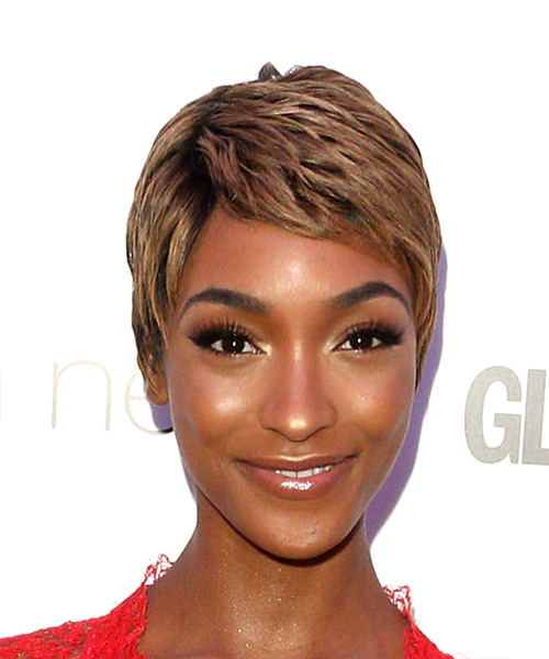 Jourdan Dunn     Light Brunette Pixie  Haircut with Layered Bangs