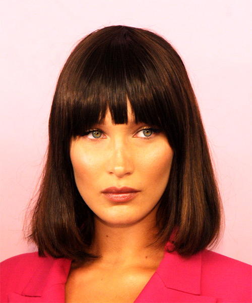 Bella Hadid Medium Straight   Dark Brunette Bob  with Blunt Cut Bangs