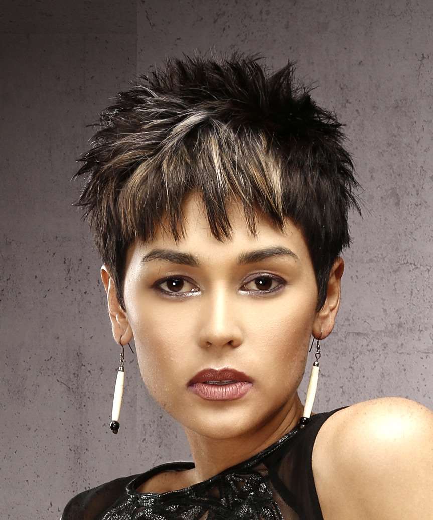 Spiky Pixie Haircut With Razor Cut Bangs And Blonde Highlights