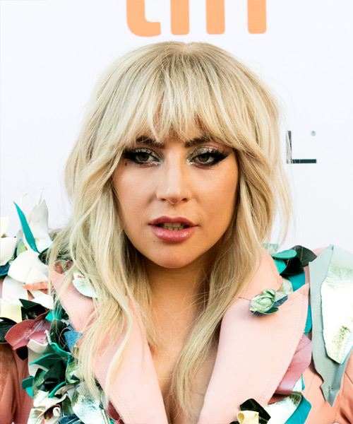 Lady Gaga Long Wavy   Light Champagne Blonde   Hairstyle with Blunt Cut Bangs