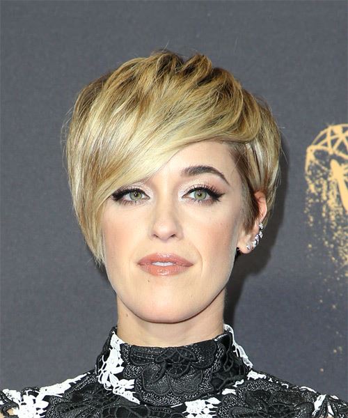 Lauren Morelli      Golden Blonde Pixie  Haircut with Side Swept Bangs