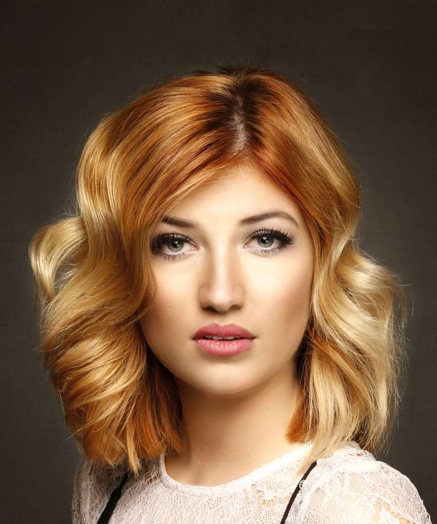 Medium Wavy Copper and Light Blonde Two-Tone Bob Haircut