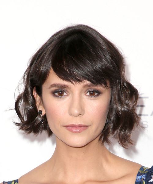 Nina Dobrev Short Wavy Dark Brunette Bob Haircut With Side