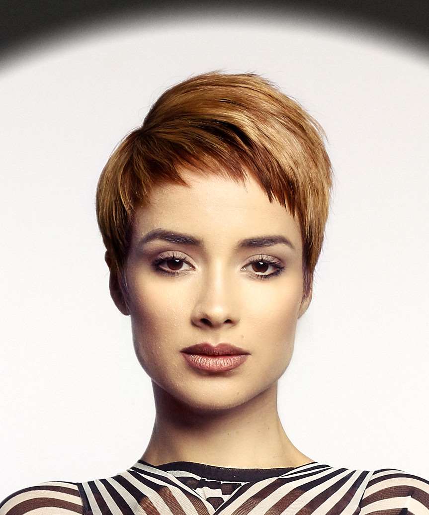 Straight Pixie Hairstyle with Asymmetrical Bangs and Two-Tone Highlights