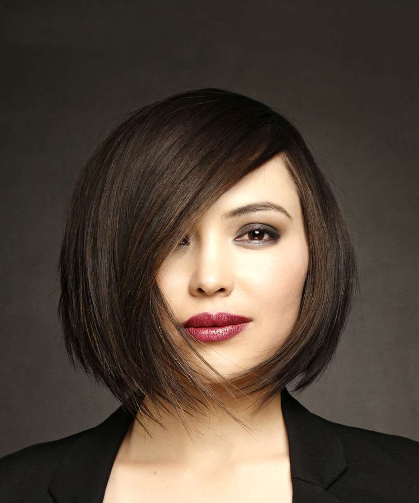  Short Straight Formal Bob Hairstyle with Side Swept Bangs - Dark Brunette