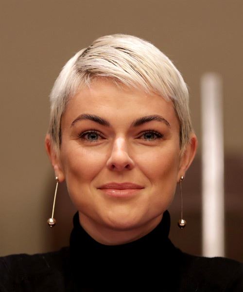 Serinda Swan Light Platinum Blonde Pixie  with Layered Bangs