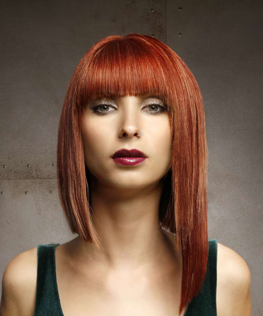 Medium Straight Asymmetrical Hairstyle with Blunt Cut Bangs